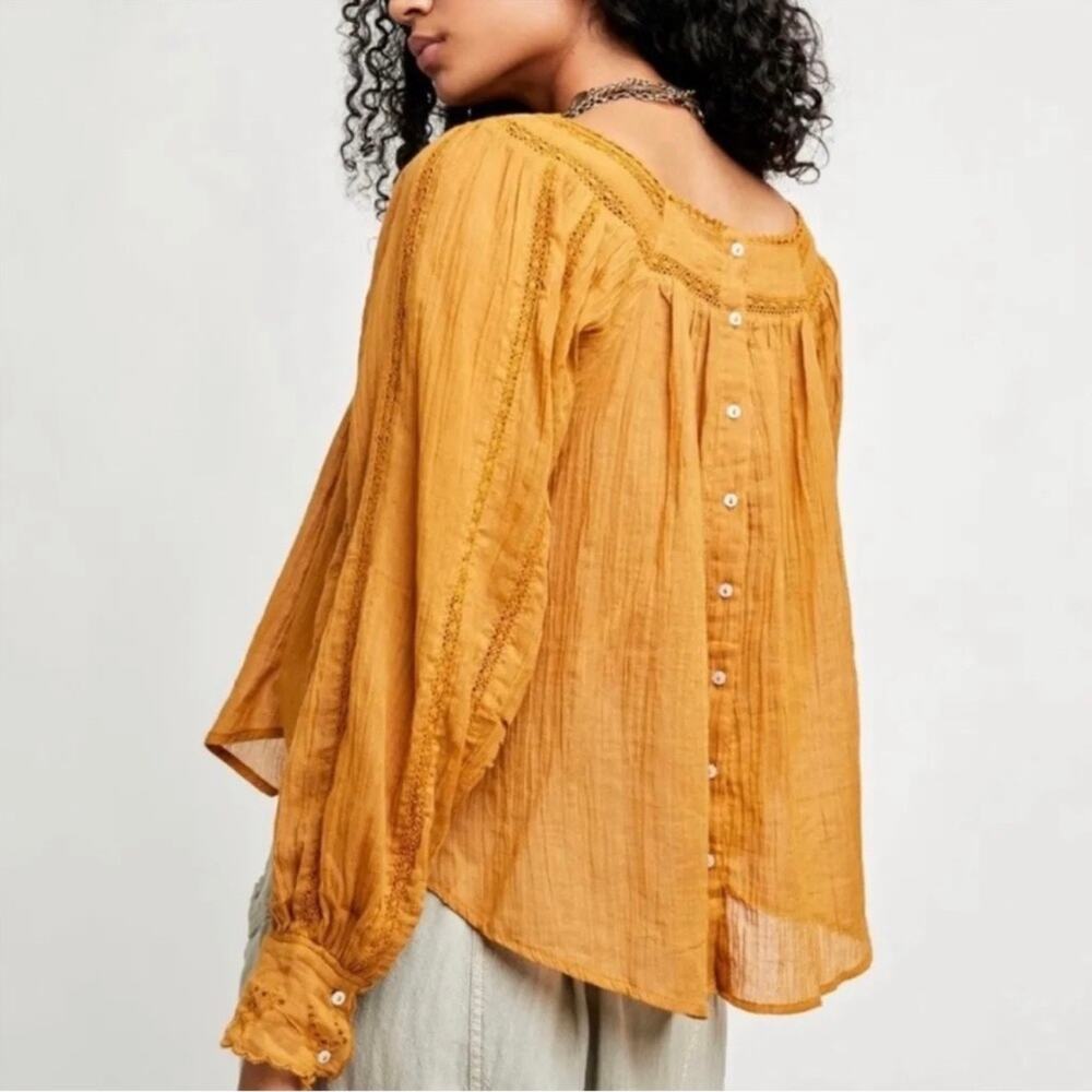 NWT Free People Faraway Fields Top Mustard Embroidered Flowy Boho Casual Size S - Picture 3 of 16